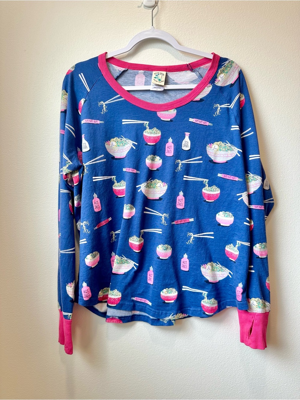 munki munki Blue Long-Sleeve Ramen Print Pajama Top with Pink Trim & Thumb Holes